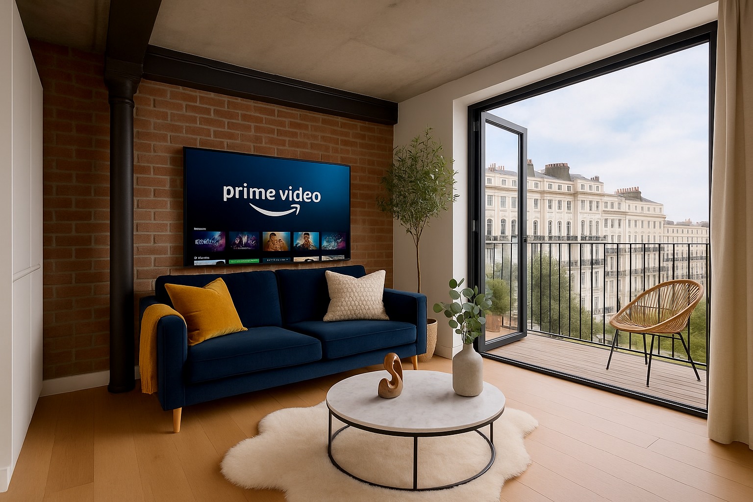Newcastle city-centre serviced apartment interior — navy sofa, exposed brick, regency view