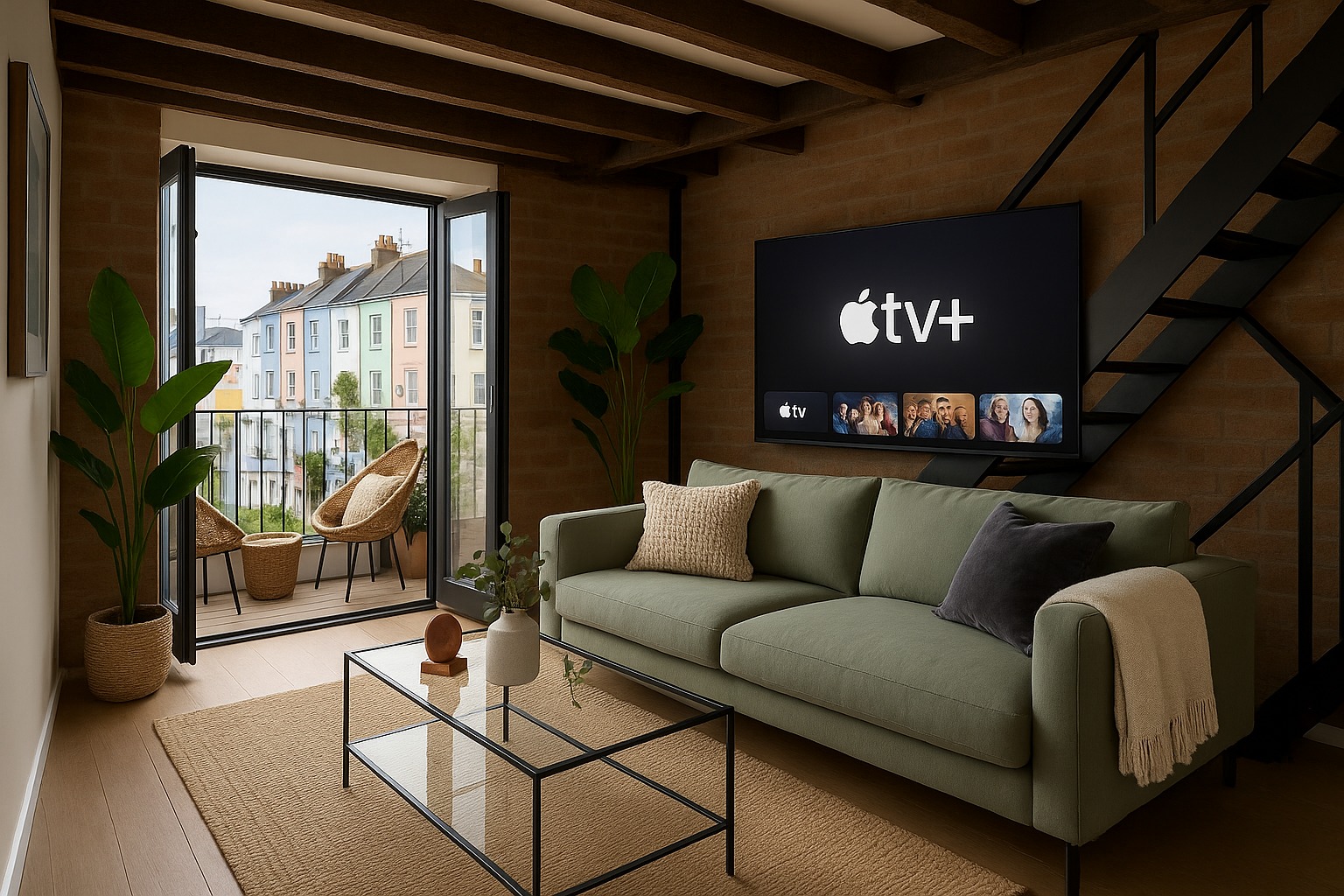 Handpicked serviced apartment — olive sofa, brick wall, balcony onto colourful townhouses