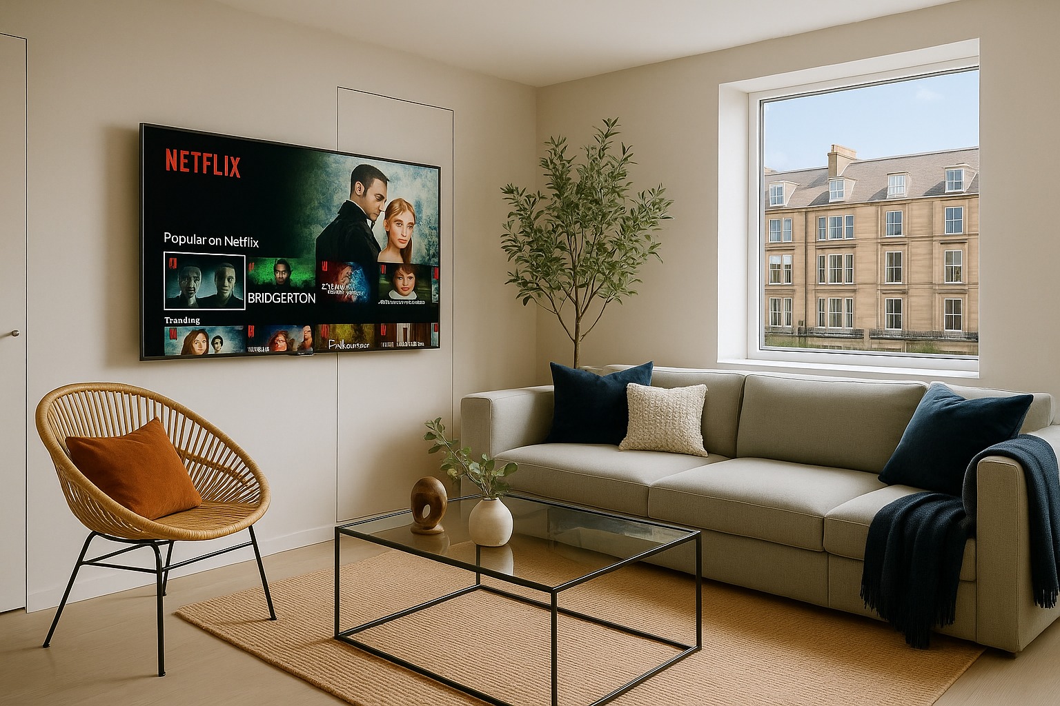 Scale with Salus serviced apartment interior — neutral living room, Netflix on the wall, regency view